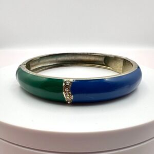 Vintage 90s Blue Green Enamel Bangle Bracelet Silver Tone Hinged Crystal Jewelry